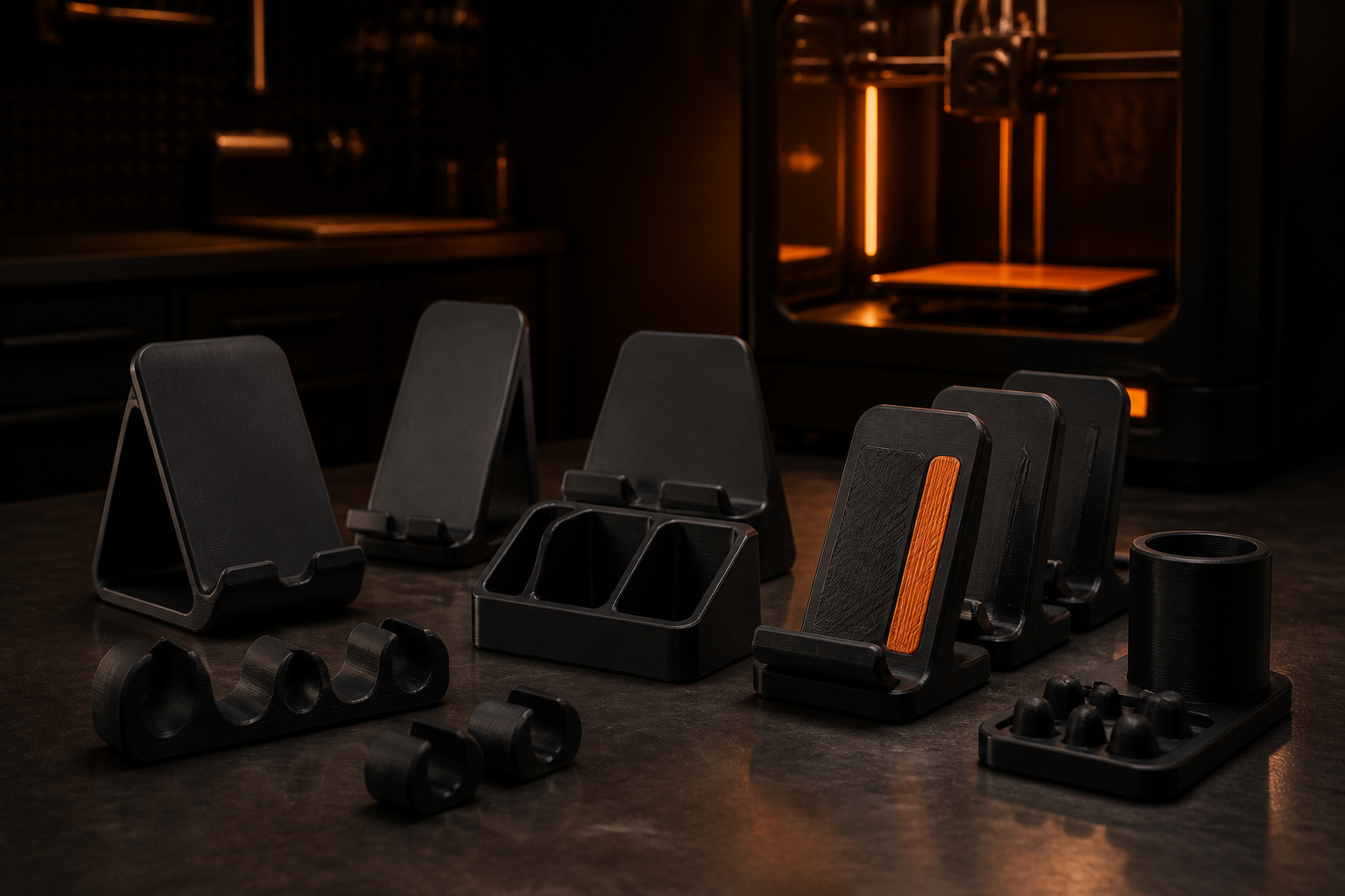 Gruppo di accessori e gadget stampati in 3D pronti in piccola serie